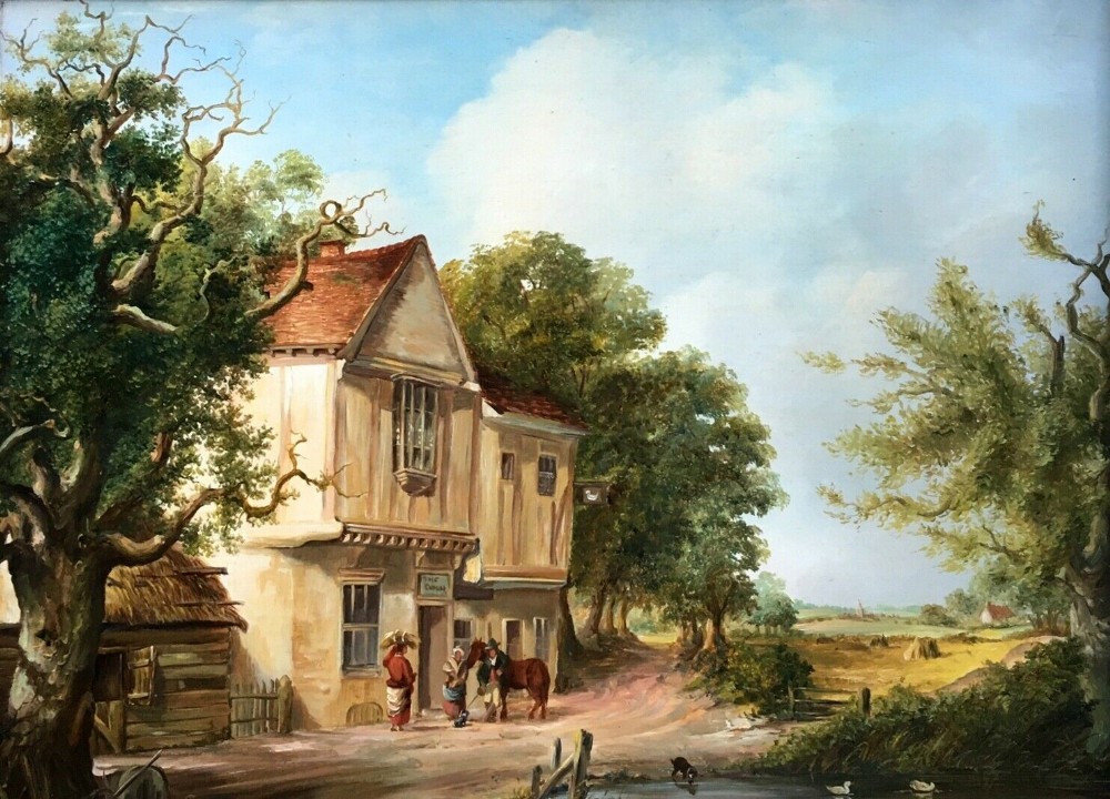 Original 19th Century Oil Painting on Panel Swan Inn & Figures Village Landscape
