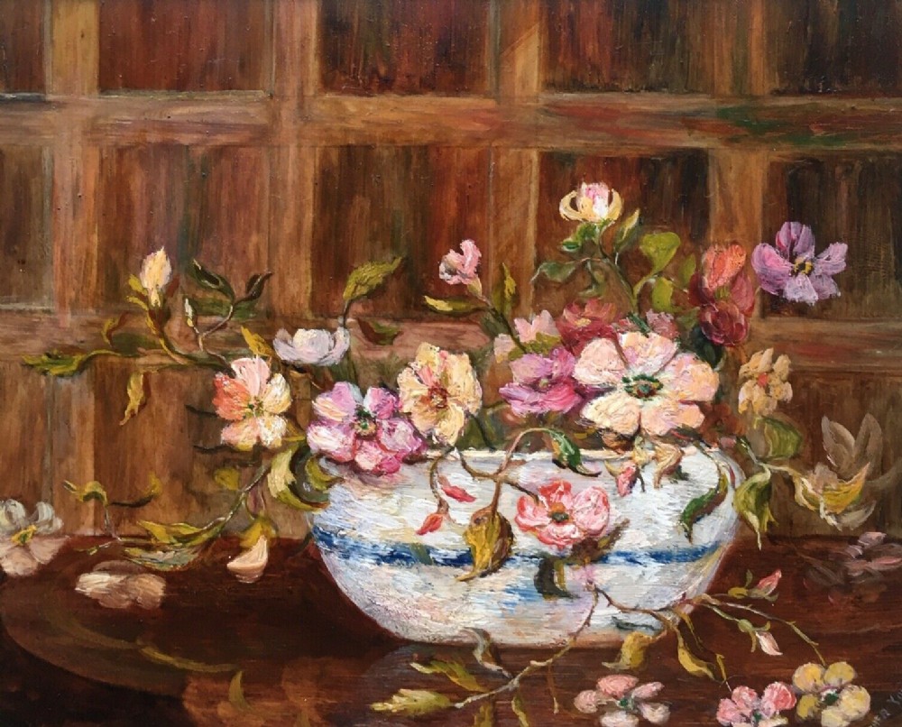 Original Heather Young Signed Antique Miniature Oil Painting of Wild Roses in a Bowl
