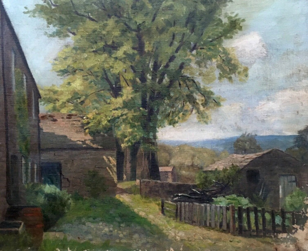 Original Antique Oil Painting on Canvas Farmyard & Tree Landscape (some damage)
