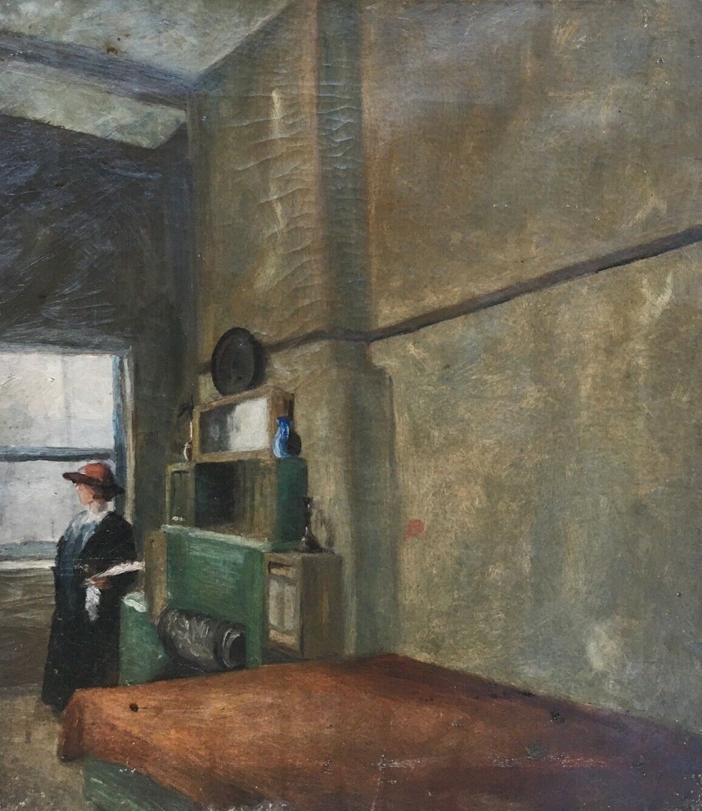 Original Antique Oil Painting Interior Scene with a Lady stood by a Window