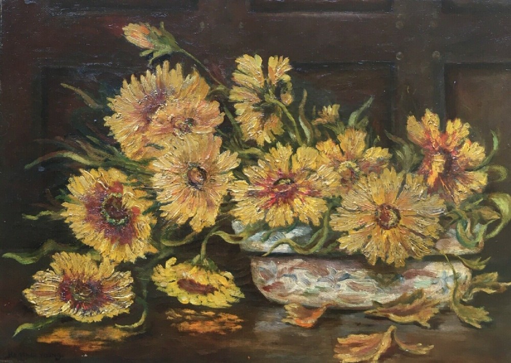 Signed Original Still Life Oil Painting on Canvas Rudbeckia Flowers and Bowl