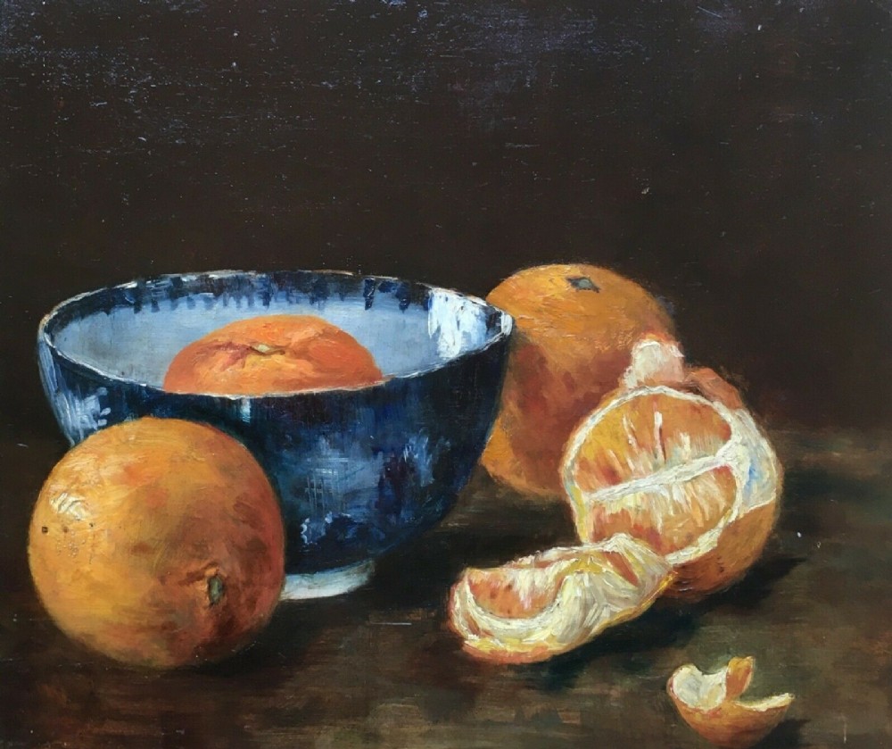 Signed Original Still Life English Antique Oil Painting on Canvas Oranges and Bowl Glazed Frame