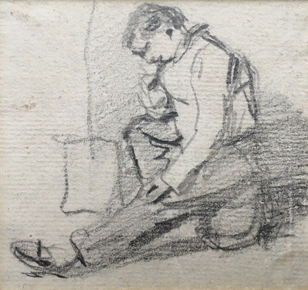 WILLIAM HENRY HUNT Original Antique Pencil Sketch Drawing Portrait of Seated Man
