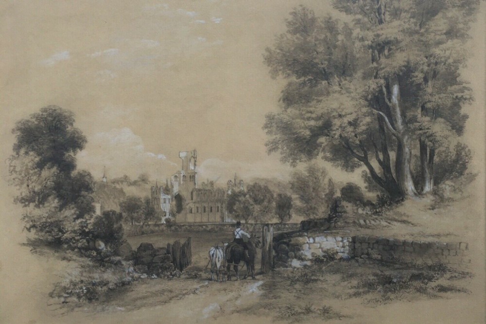 British School c19th Original Pencil Watercolour Painting Kirkstall Abbey Leeds