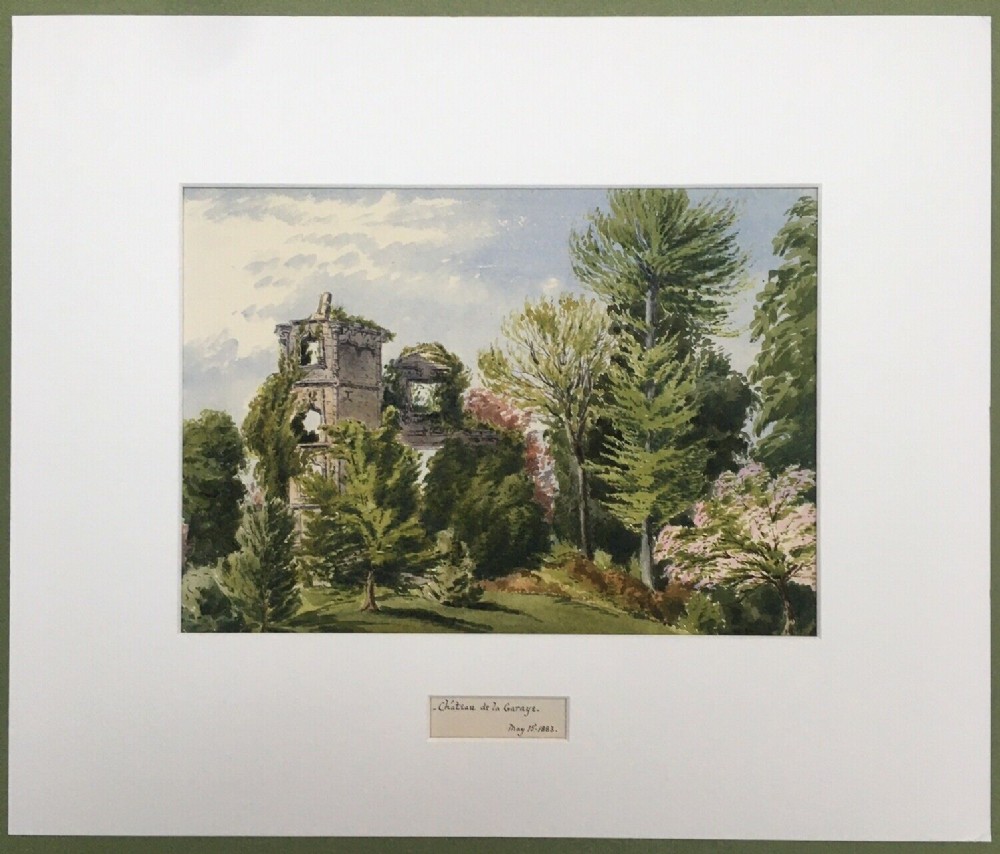 Chateau de la Garage, France Antique 1883 French Original Watercolour Landscape Painting, Mounted
