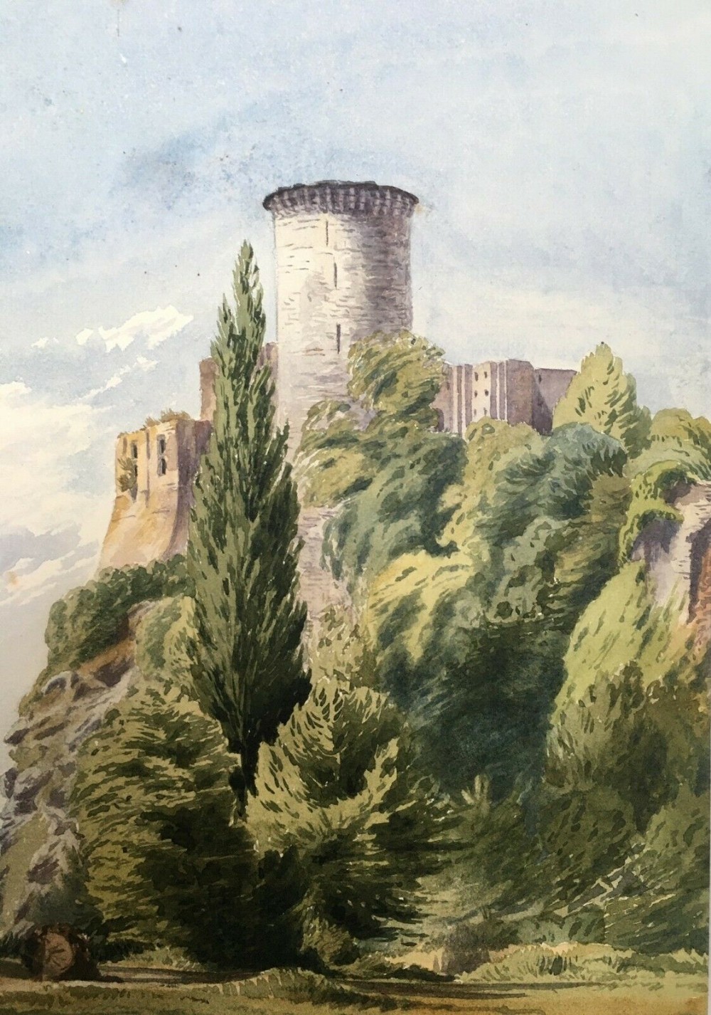 Talbot Tower Chateau de Falaise, France. Antique Original 19th Century French Watercolour landscapePainting