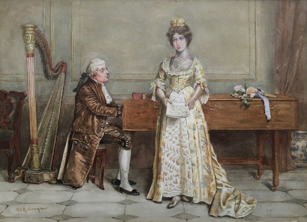 George Kilburne Original 19th Century English Antique Watercolour Painting Lady Singing by Harpsicord, Framed Interior View