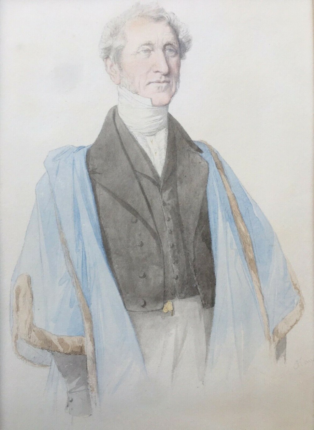 English School C19th Signed Original Antique Watercolour Painting of Gentleman in Blue Robes