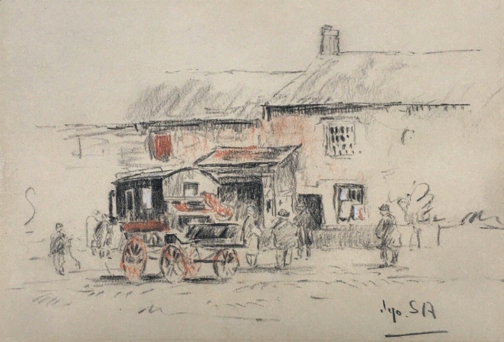 James Atherton ARCA Original English Antique Drawing Stage Coach & Figures by a Country Inn 