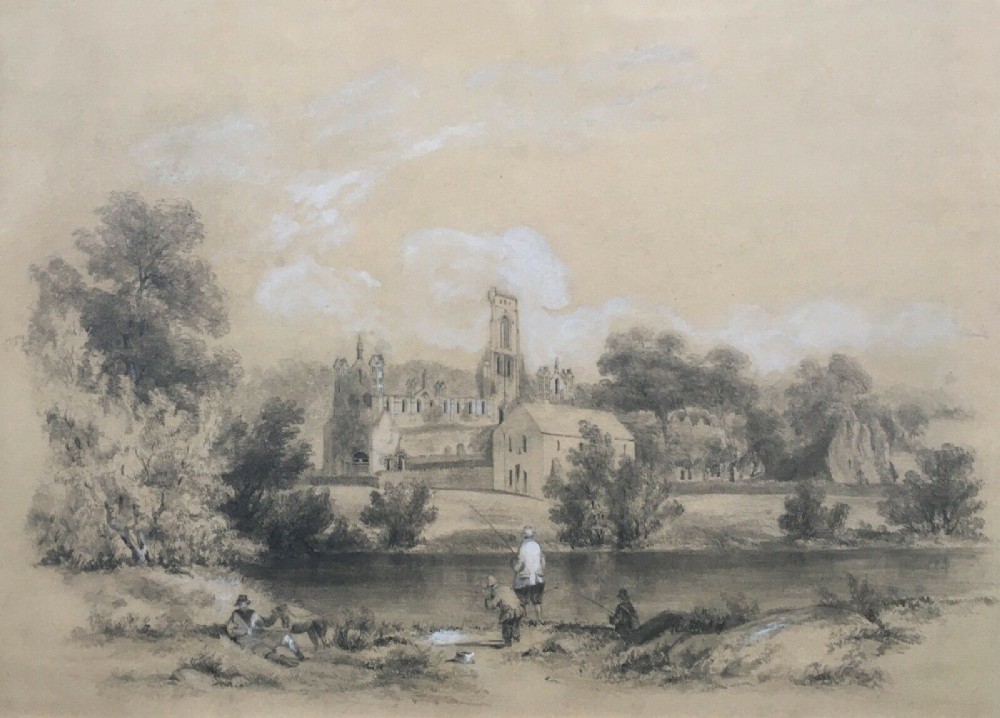 British School original 19th Century English Antique Pencil & Watercolour Painting Kirkstall Abbey Leeds with Men Fishing Yorkshire Landscape