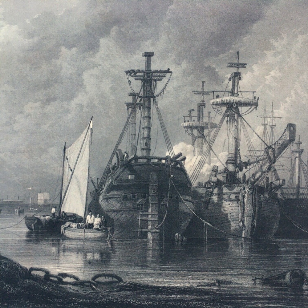 John Cousen After Samuel Prout, Hulks at Plymouth, RARE Original 19th Century Engraving