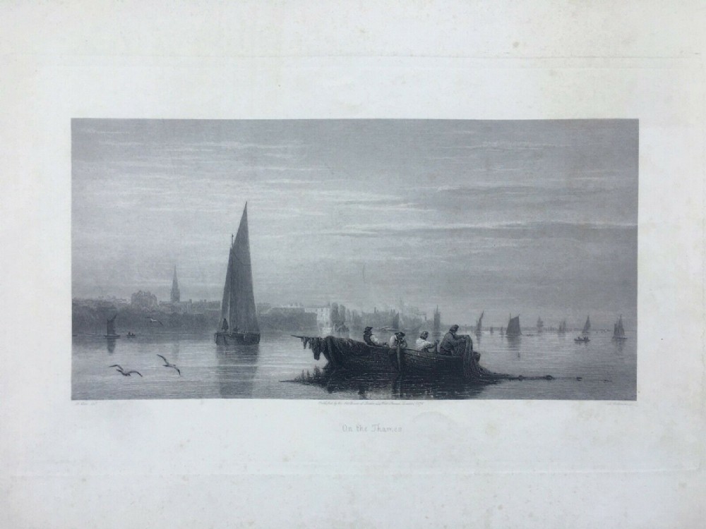 On the Thames, London, After David Cox the elder RARE Original 19th Century Antique Engraving
