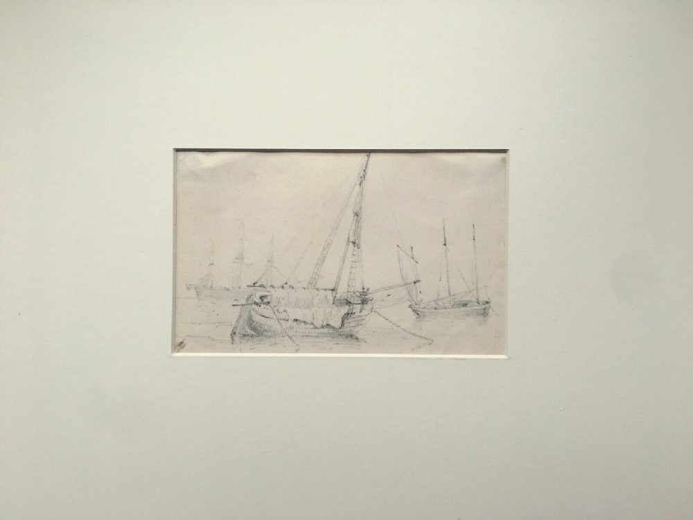 James Stark Original 19th Century Drawing of Moored Shipping Vessels Seascape
