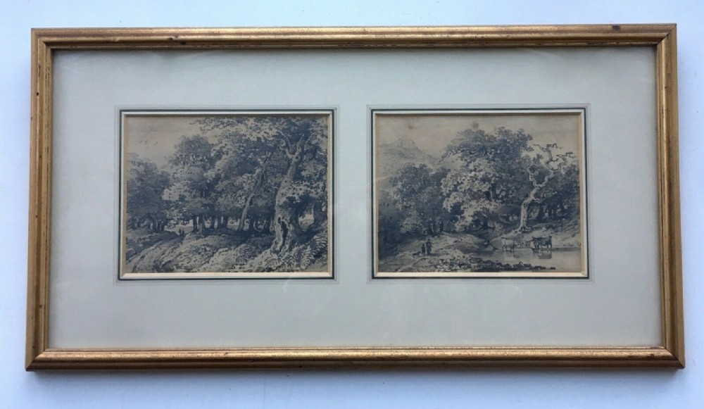 Henry William Burgess (1809-60) 2 Original Early 19th Century English Antique Tree Landscape Drawings