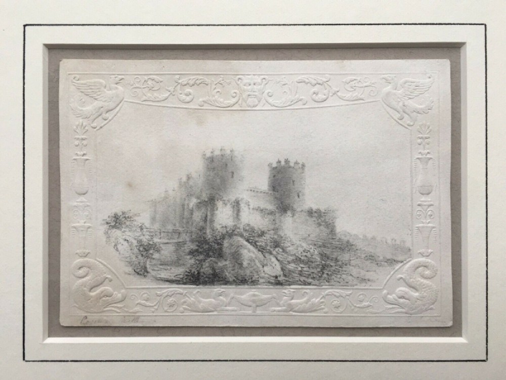 Castle View Original 19th Century English Antique Pencil Drawing Sketch Study on Embossed Paper