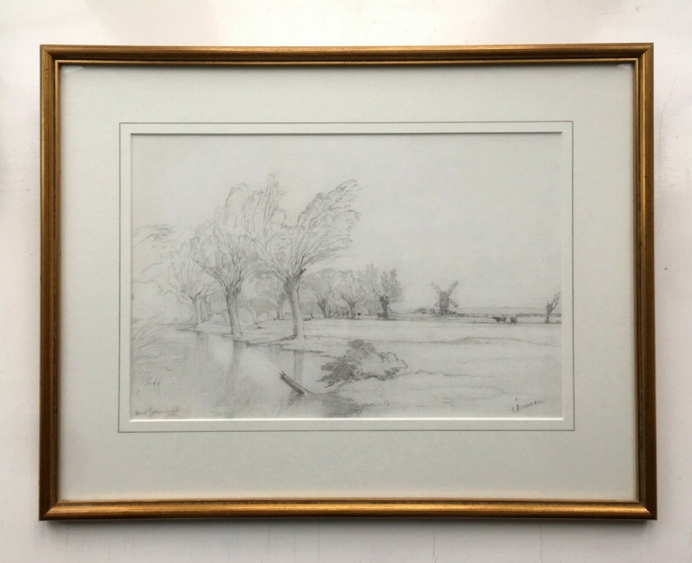 Edward Duncan RWS Original 19th Century English Antique Drawing River & Windmill near Gravesend Kent