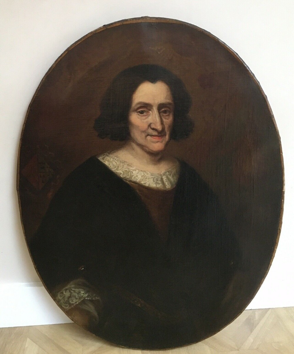 Original Early 17th Century Antique Oval Oil Painting on Canvas Portrait with Coat of Arms