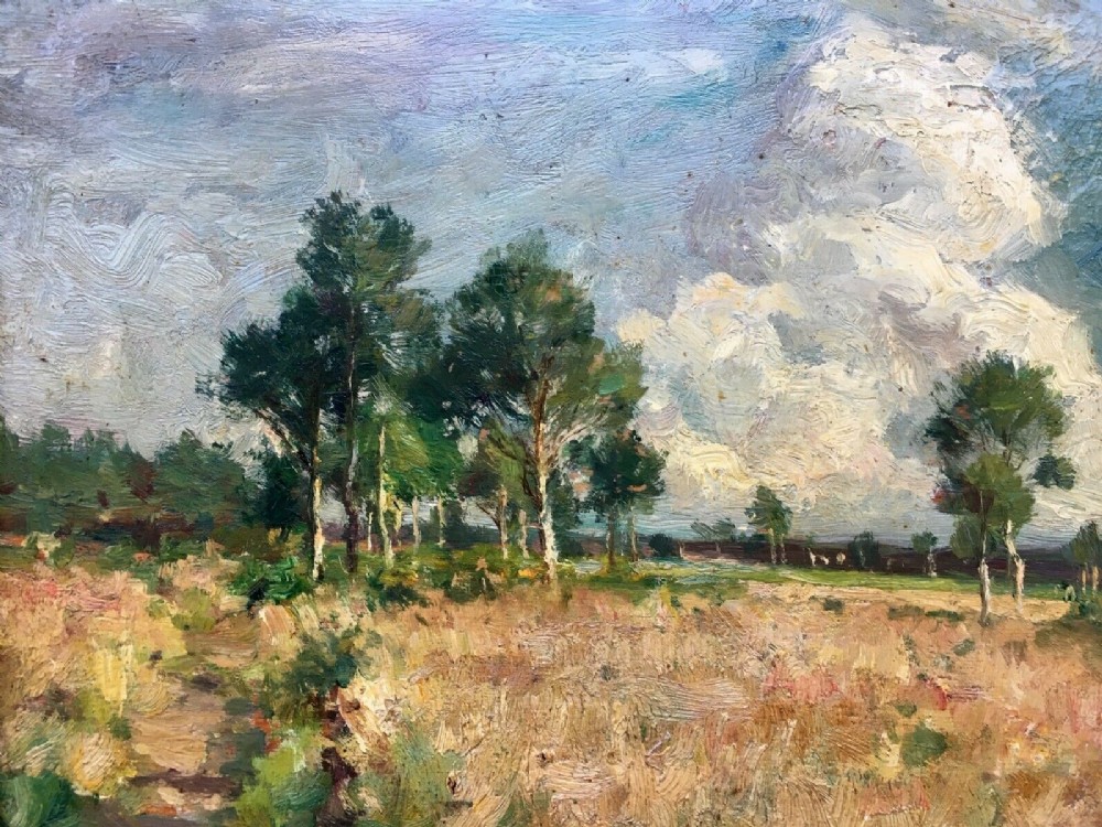 Albert Sirtaine, Verviers, Belgium Original Antique Oil Painting on Wood Panel Meadow & Tree Landscape