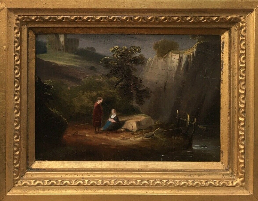 Original Early 19th Century Antique Oil Painting on Wood Panel Figures & Castle Landscape