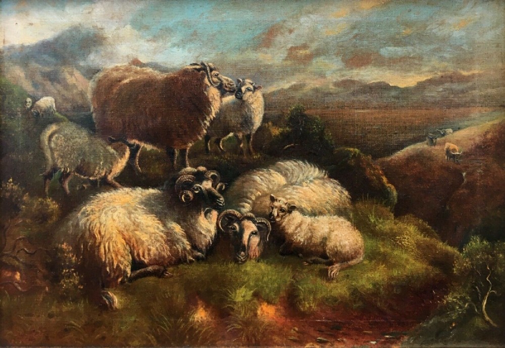 Original Antique Signed c19th Oil Painting on Canvas Sheep Resting with Lambs Scottish Highland Landscape