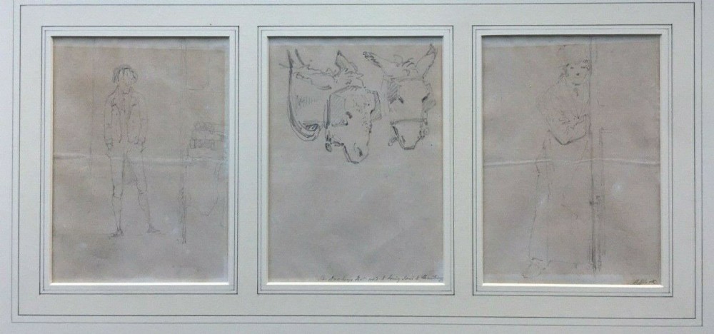 A Triptych of Original English Antique Pencil & Wash Drawings of Figures & Donkey Studies Mounted & Framed
