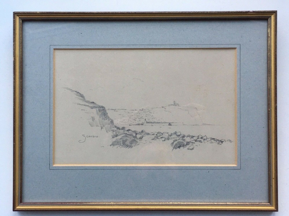 Scarborough from South Bay Original Antique Pencil Drawing Sketch Study 