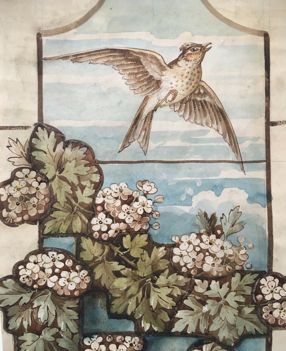 Arts & Craft Aesthetic Movement William Morris Style Original Antique Watercolour Painting Stained Glass Effect Floral design with Bird in Flight