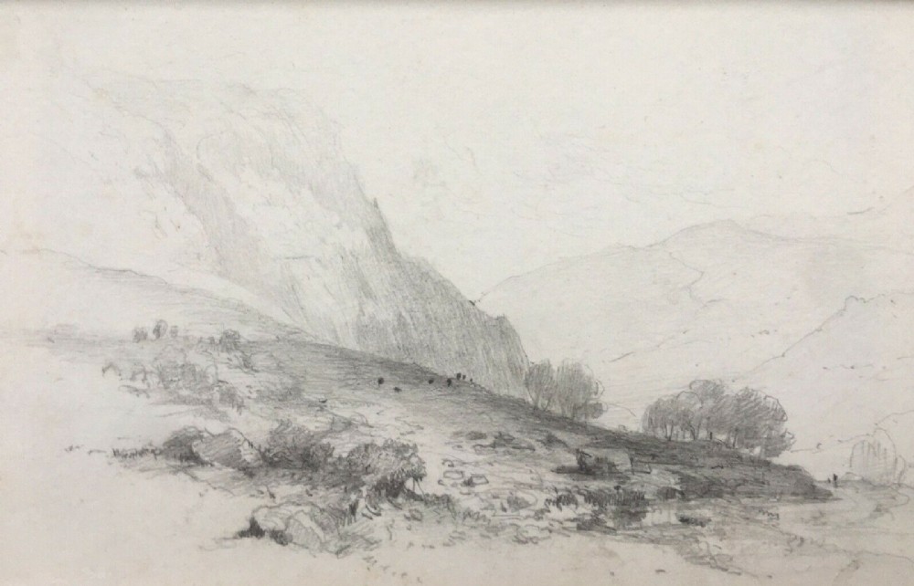 Original Antique Pencil Drawing Sketch Study Distant Cattle & Mountain Landscape Scene