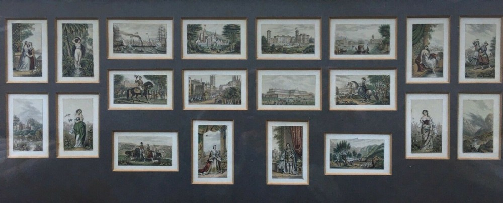 Set of 20 Antique 19th Century Miniature Coloured Cards/ Engraving Prints Queen Victoria & Prince Albert