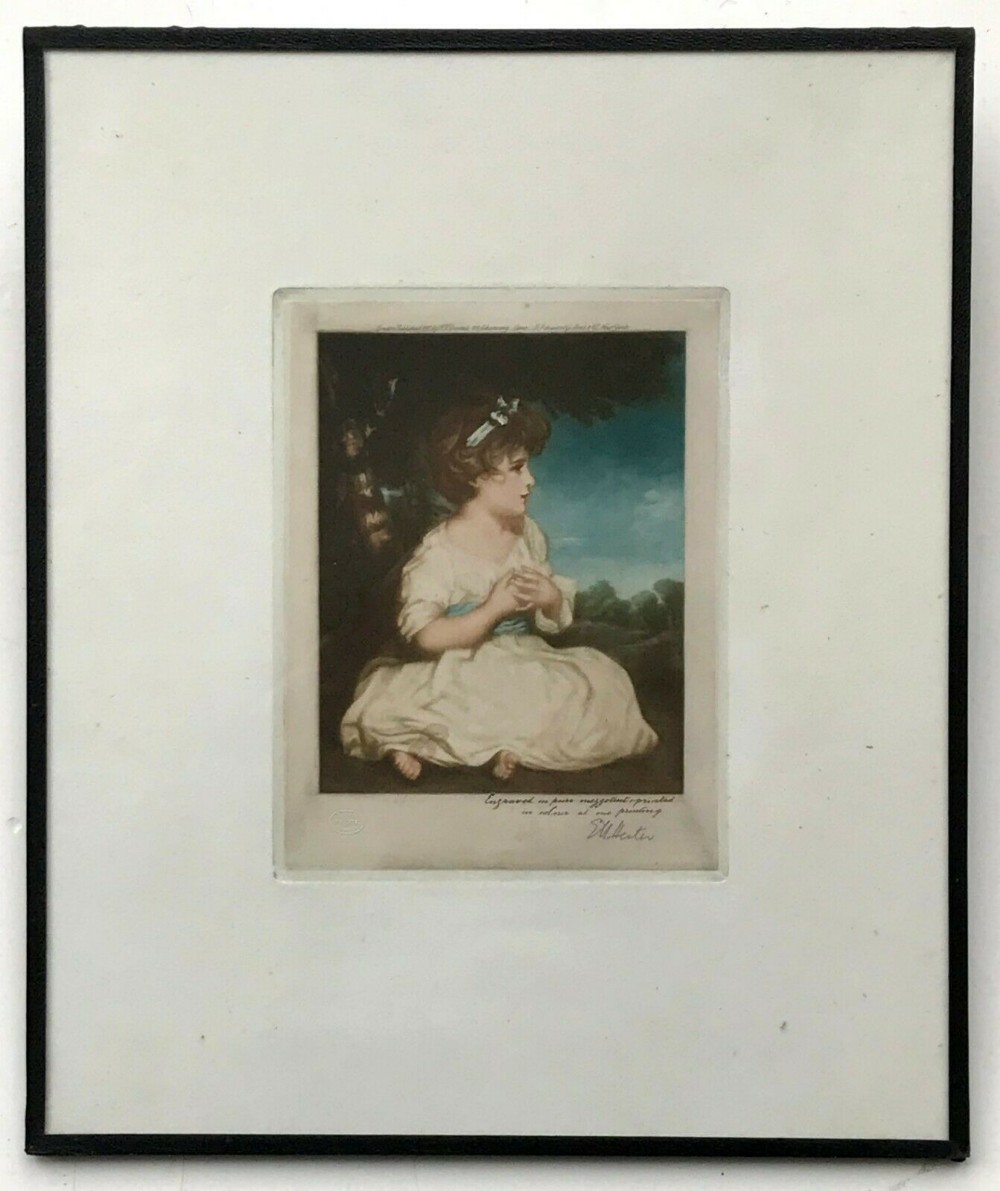 E M Hester after Joshua Reynolds Pencil Signed 1913 Mezzotint Framed Engraving 'The Age of Innocence'