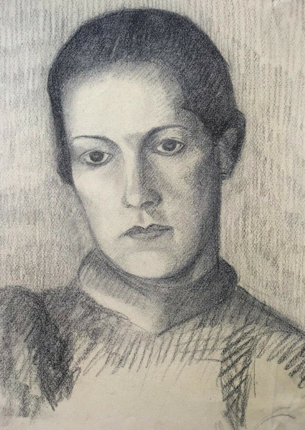 J (Jean) Betourne (French) Signed Original 1935 Charcoal pencil Drawing, Female Head & Shoulders Portrait Study