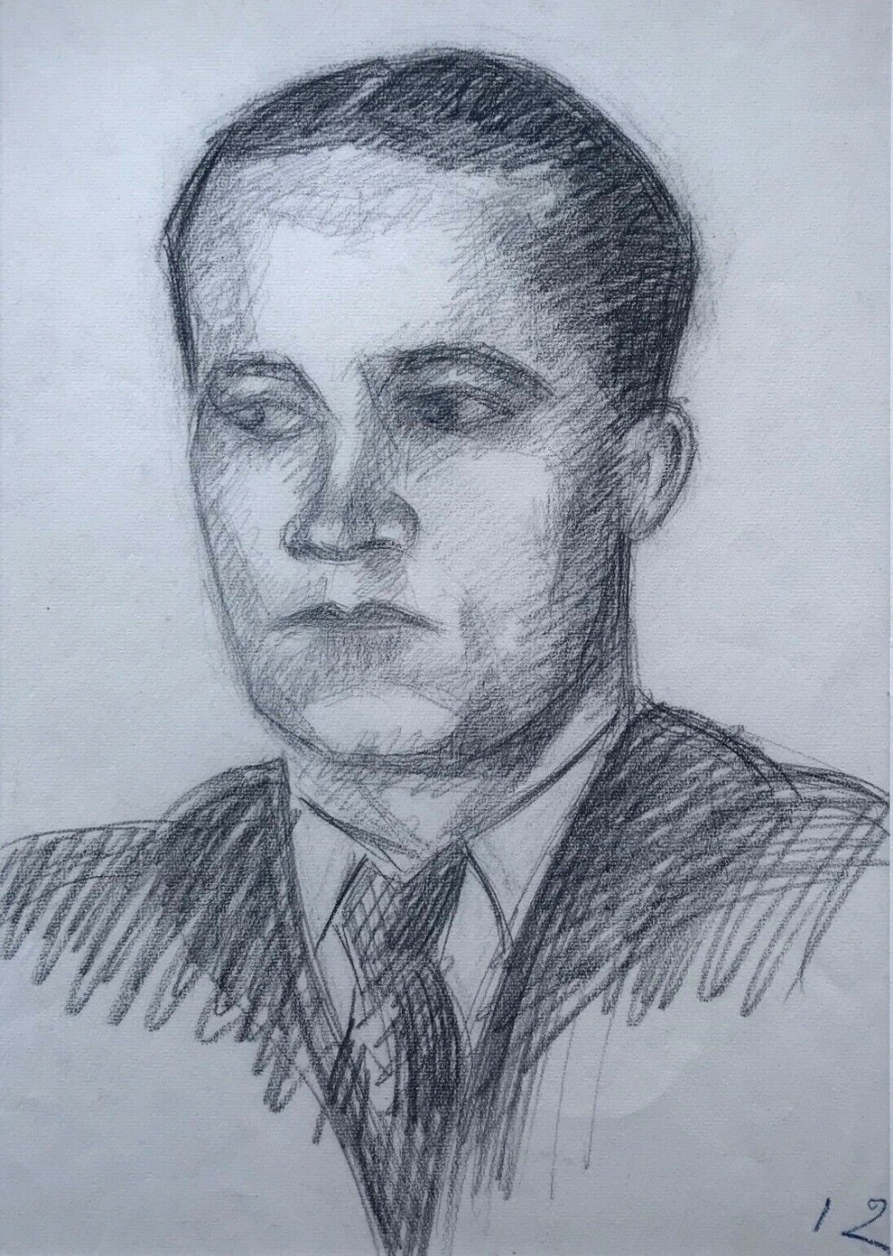 J (Jean) Betourne (French) Signed Original 1936 Charcoal Drawing, Male head & Shoulders Portrait Study