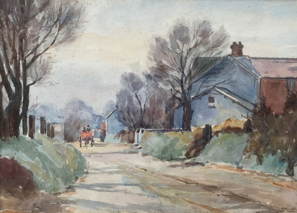 Signed P Arnold 1922 Original Antique English Watercolour Painting Cottage & Country Lane Landscape