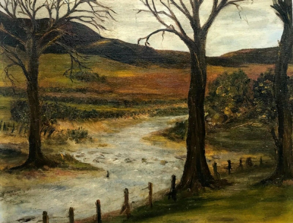 Original Mid 20th Century Vintage Oil Painting on Board River Tree Country Landscape