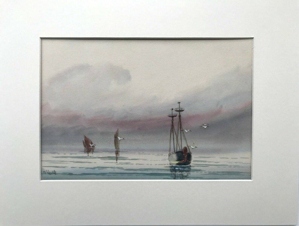 Signed A Hulk Original Antique Watercolour Painting Fishing Seascape South Coast
