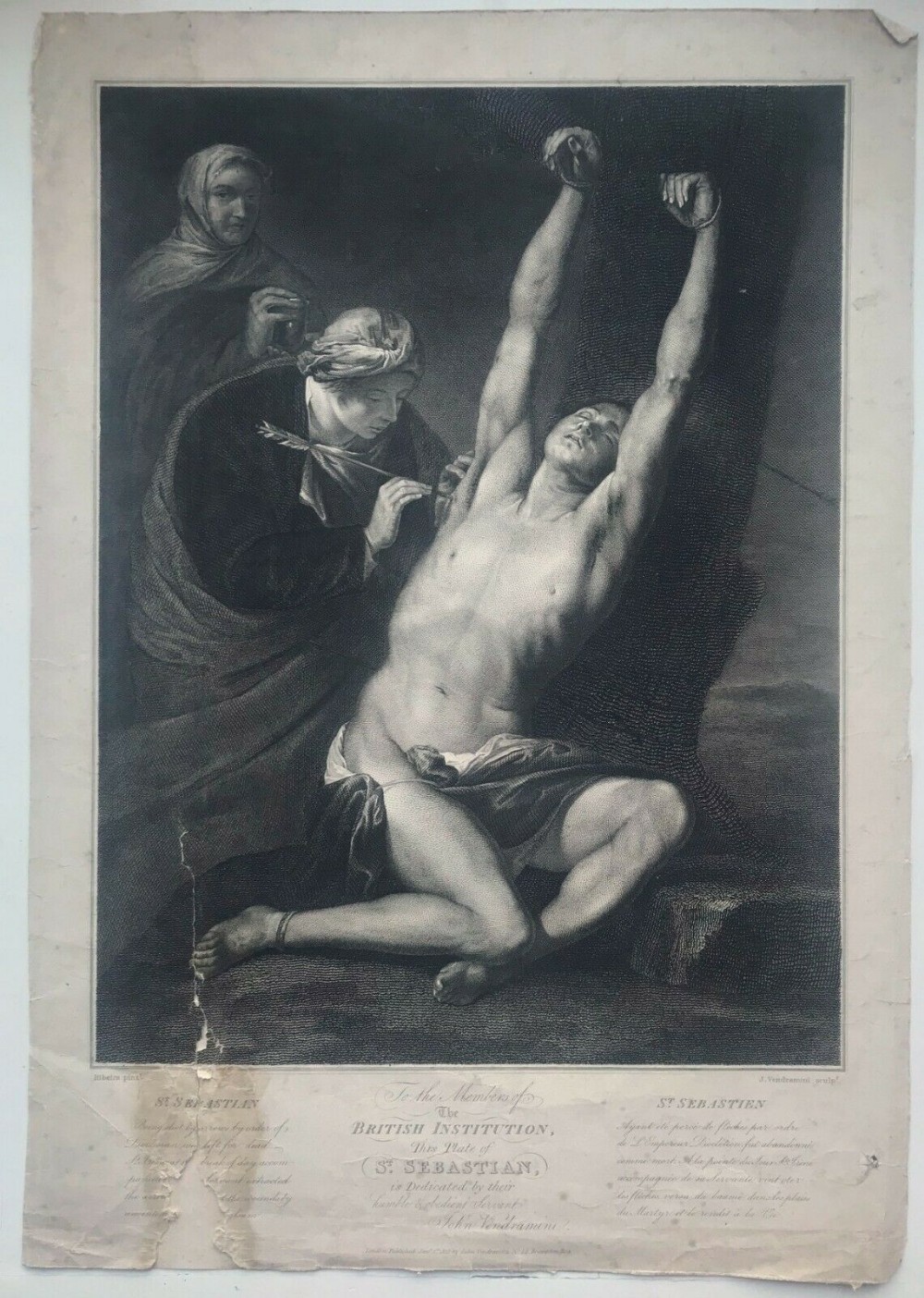 Martyrdom of Saint Sebastian Antique Early 19th Century Engraving by j Vendramini after Ribeira