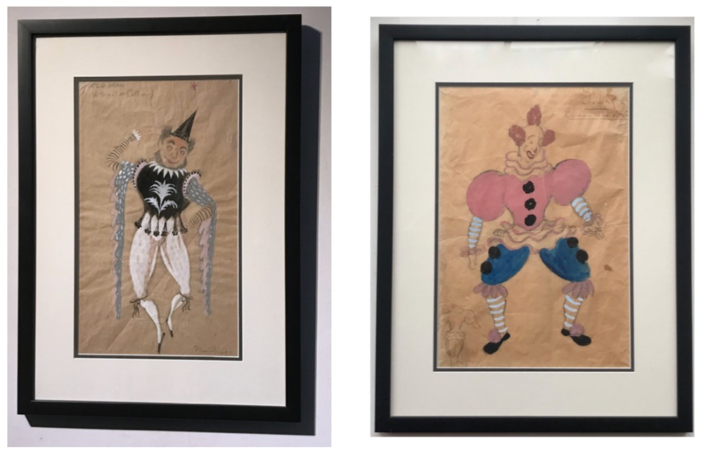 2 x British School Signed Original Early 20th Century Vintage Clown Costume Design Watercolour Paintings with Cheyne Chelsea Artist Address Verso