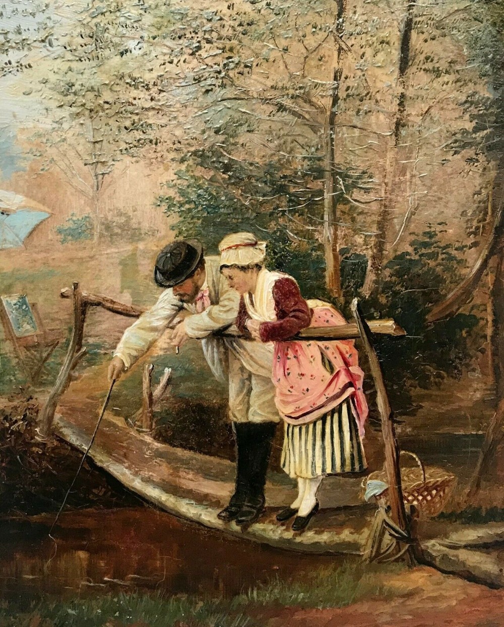 Original Antique Oil Painting on Wood Panel Figures Standing on a Bridge landscape