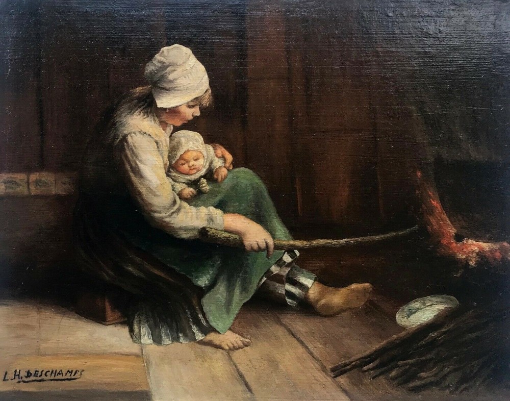 Signed L H Deschamps Original Antique Oil on Wood Painting Interior Figure Scene