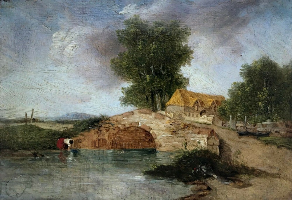 Original 19th Century Antique Oil Painting Wood Panel Figure & Bridge Landscape