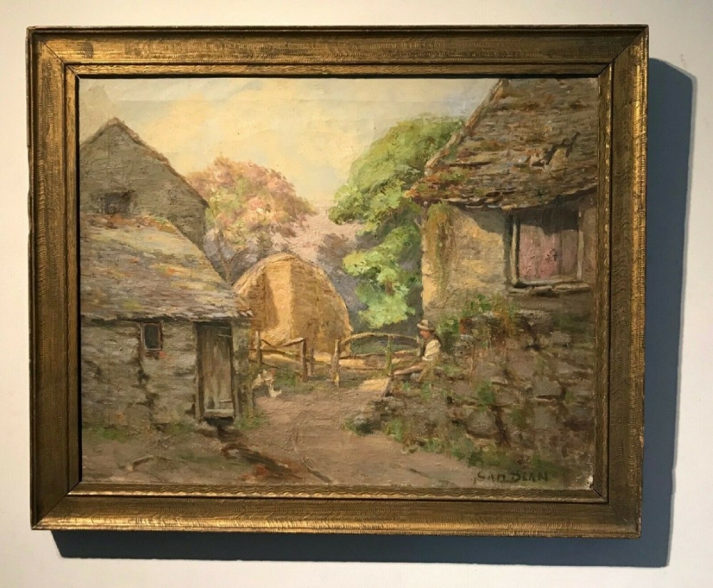 Samuel Dean fl.1895-1938 Original Antique English Oil Painting Farmer Hayrick Country Landscape