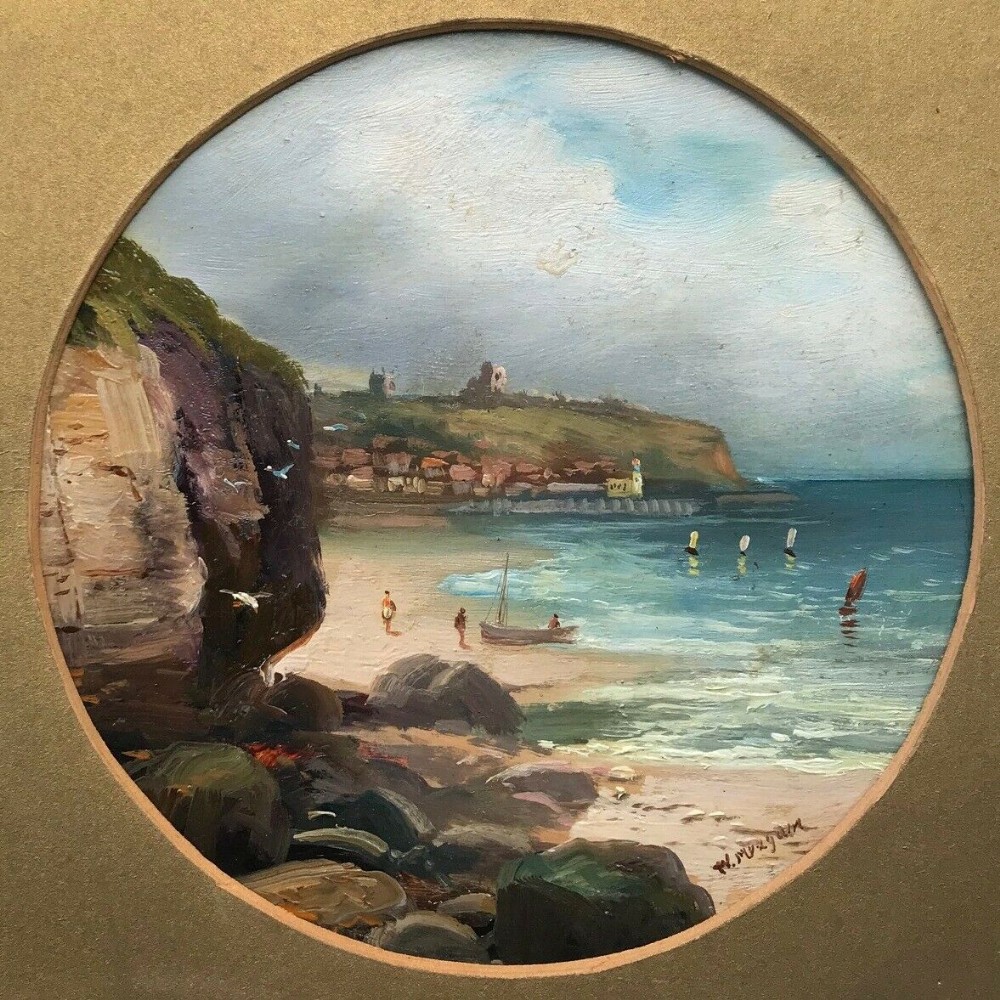 Walter Linsley Meegan Signed Original Anitique Oil Painting on Board Scarborough View from White Nab, Yorkshire Coast Seascape