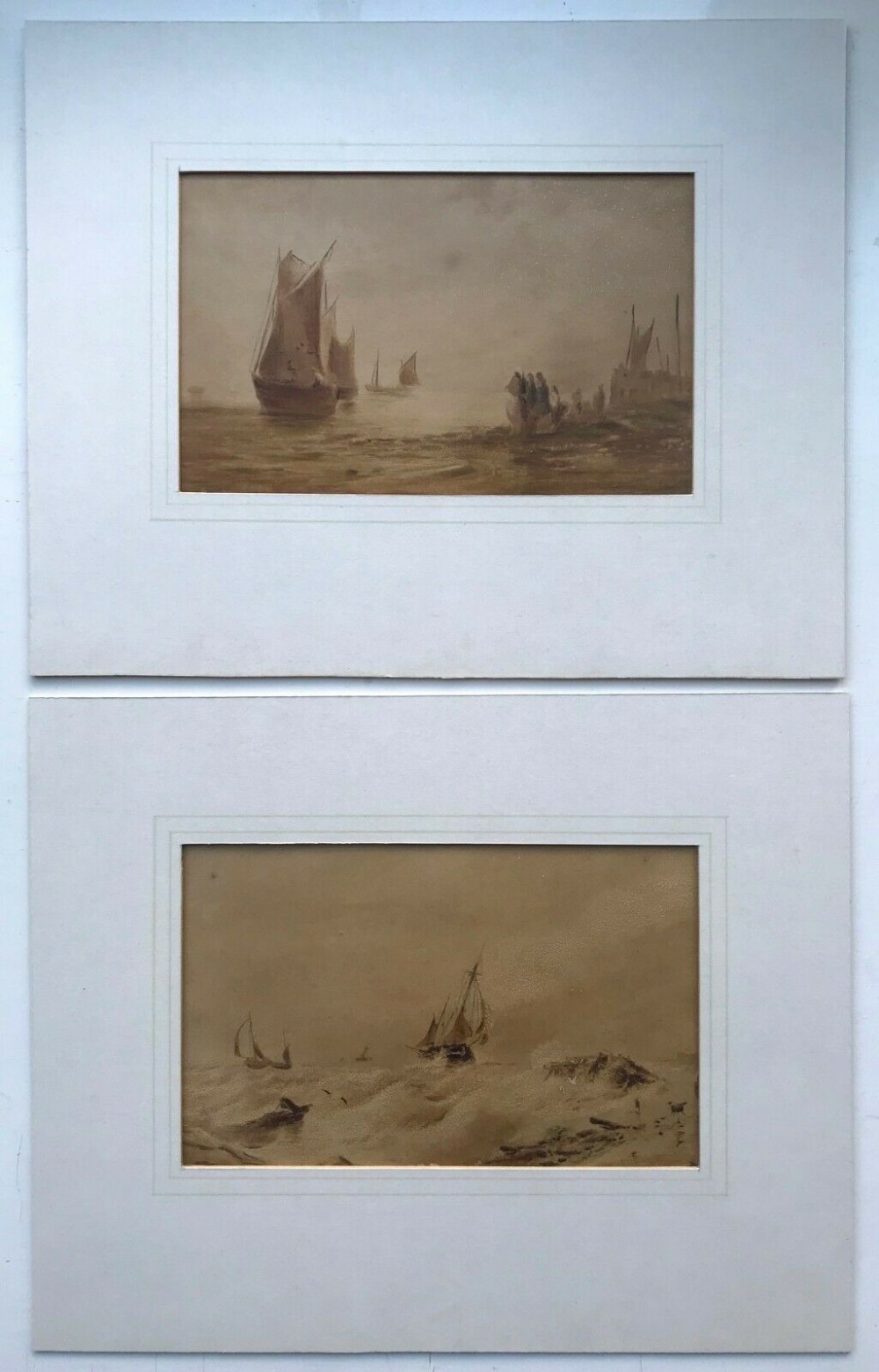 A Pair of Original 19th Century Antique Watercolour Paintings Fishing Seascapes