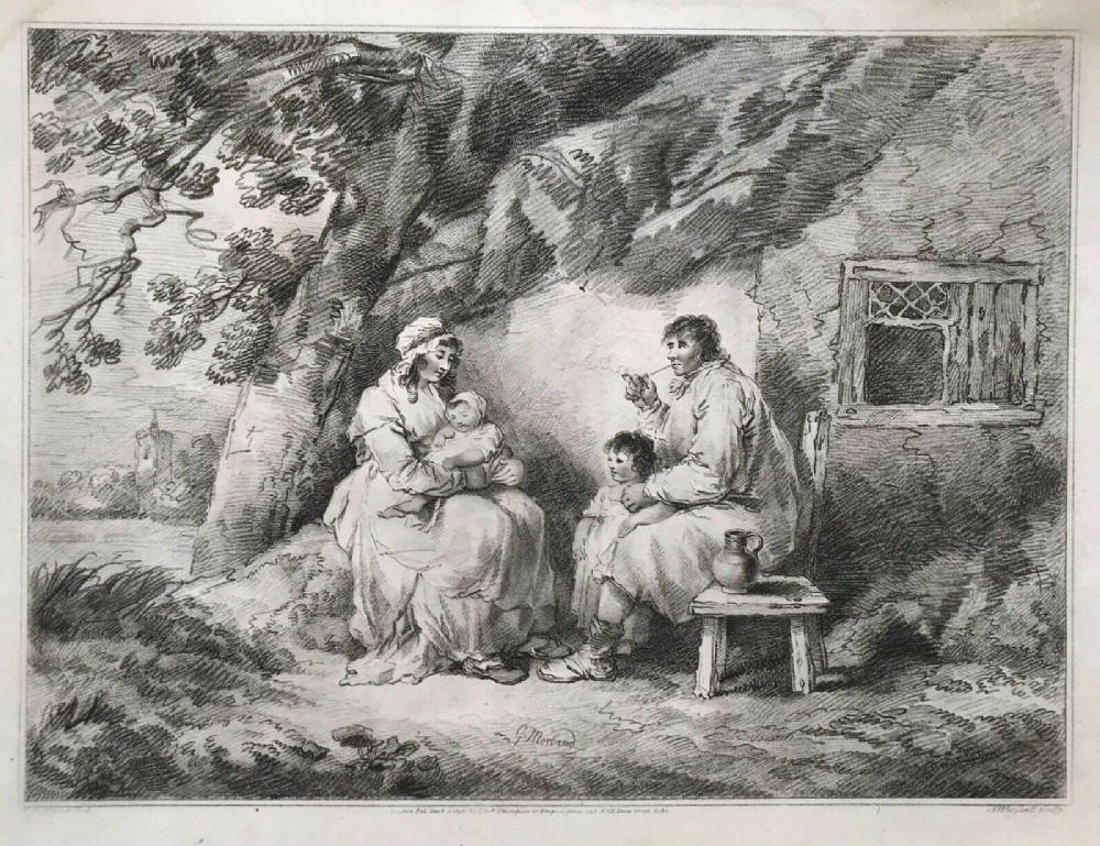 After George Morland, RARE Antique 1796 Crayon Manner Engraving Print Family Cottage landscape