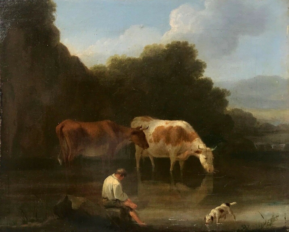 English School Antique Canvas Oil Painting Signed Rhodes Cattle Watering Thomas McLean Label