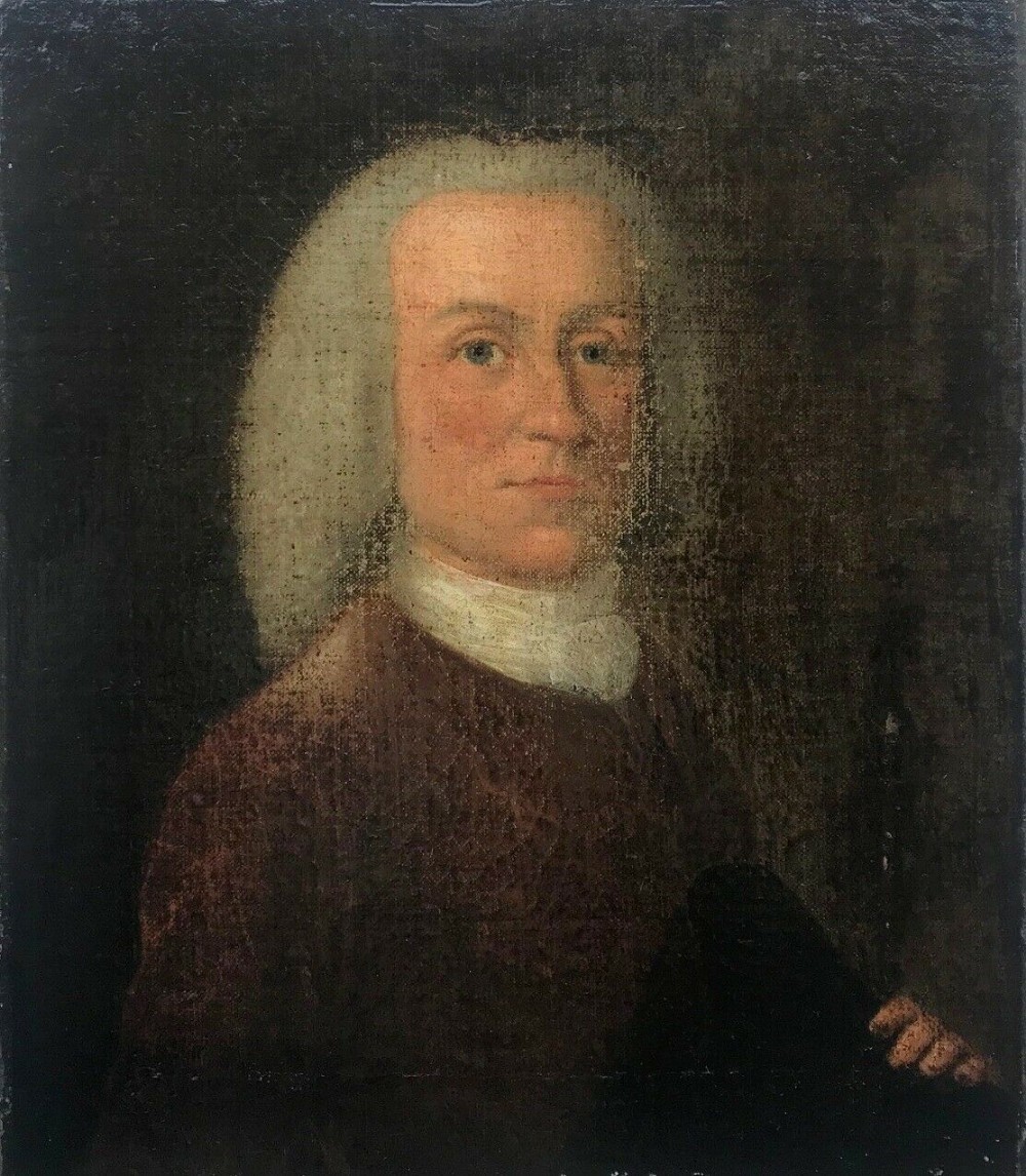 18th Century English School Original  Georgian Antique Oil Painting Canvas laid onto Wood Panel Portrait of a Gentleman Holding a Hat