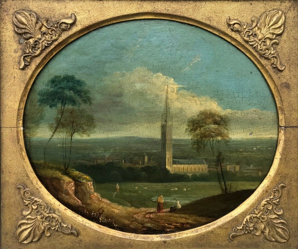 19th Century English School Original Antique Oil Painting on Wood Panel Lincolnshire Landscape