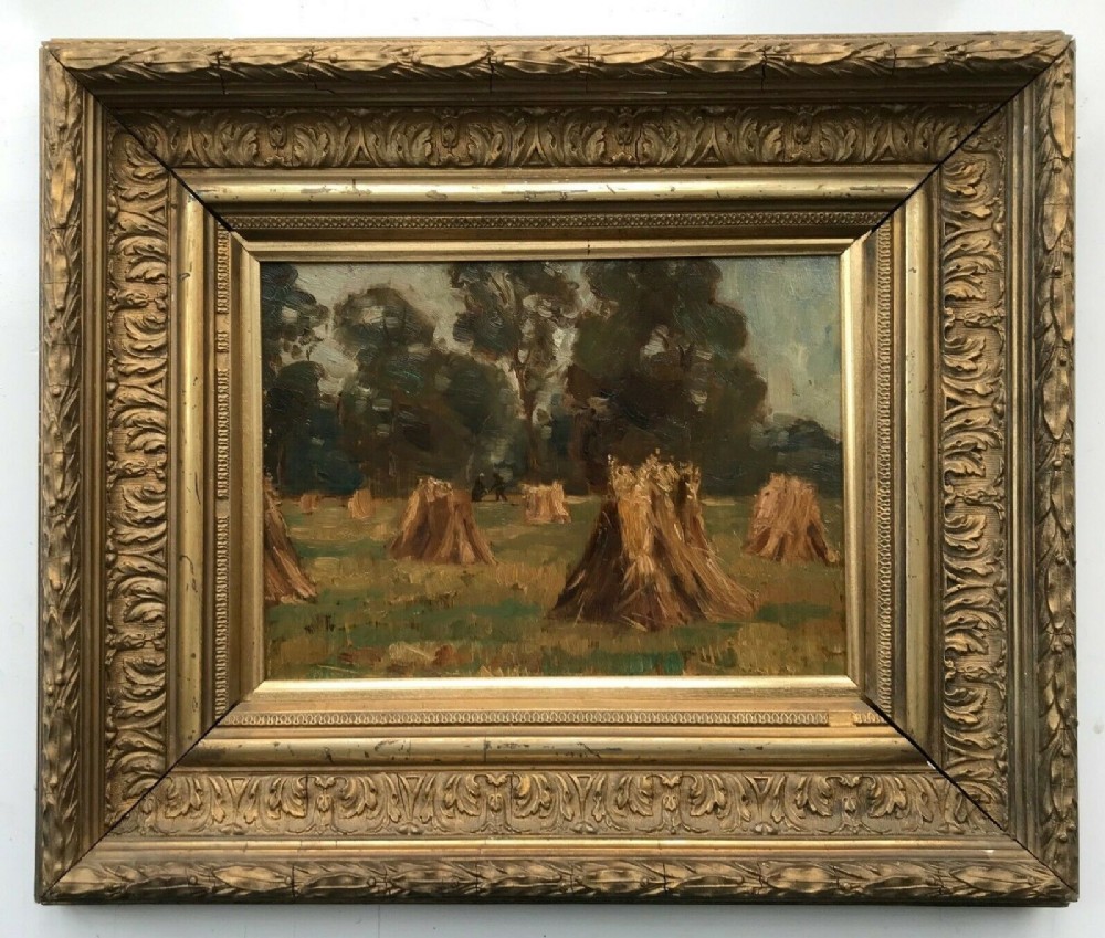 Original 19th Century Antique Oil Painting on Wood Panel Haystack Landscape