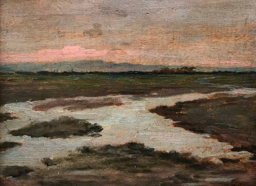 Alfred Ward Signed Original English Antique Oil Painting on Wood Panel Wetland River Landscape