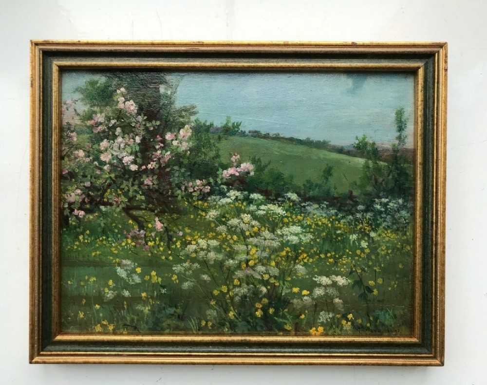 Alfred Ward Signed 1894 Original 19th Century English Antique Oil Painting on Panel Blossom & Buttercup Meadow Landscape